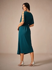 abordables Robe Simple-Femme Robe mi-longue Robe en maille Elégant mode Soirée Rendez-vous Standard Couleur unie Manche Courte Col V Bleu Encre Eté