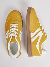 abordables Baskets femme-Baskets basses rétro jaunes pour femmes - Chaussures décontractées à lacets vintage, confortables au quotidien pour un style urbain et extérieur