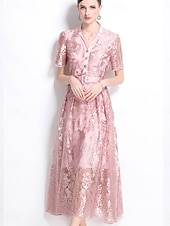 preiswerte Unter 129,99 $-A-Linie Quinceanera Kleider Elegantes Kleid Hochzeitsgäste Knöchellang Kurzarm V-Ausschnitt Polyester mit Stickerei