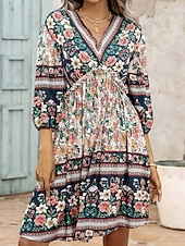 billige Boho-kjole-Dame Mini kjole Kjole med A-linje Ferie Fritid utendørs Ut på byen Normal Grafisk 3/4 ermer V-hals Rød Oransje Aprikos Sommer