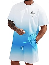 billiga T-shirts med tryck för män-Herr Nyans Palmträd 2st T-shirts uppsättningar Summer Tops Kortärmad Korta byxor Rund hals Strandsemester Sport Dagligen Utekväll 3D-utskrift Sommar Vit Blå Grön