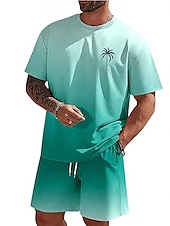 billiga T-shirts med tryck för män-Herr Nyans Palmträd 2st T-shirts uppsättningar Summer Tops Kortärmad Korta byxor Rund hals Strandsemester Sport Dagligen Utekväll 3D-utskrift Sommar Vit Blå Grön