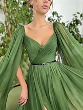 cheap GREEN-A-Line Evening Gown Elegant Dress Wedding Party Court Train Sleeveless V Neck Fall Wedding Guest Chiffon with Ruched