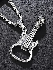 cheap Men&#039;s Jewelry-Men&#039;s Punk Rock Guitar Necklace with Skull Pendant – Stainless Steel Bottle Opener Chain for Music Lovers, Party &amp; Bar Accessories