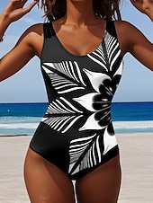 billiga One-piece-baddräkter-Kvinno Baddräkter En Del Monokini Baddräkter Rygglöst Mage Kontroll Semester Strand Kläder Geometrisk U-Hals Ärmlösa Badkläder