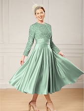 economico Lunghezza del pavimento-Abito A-Line per madre della sposa elegante collo gioiello lungo fino al pavimento in satin maniche lunghe con pieghe e paillettes