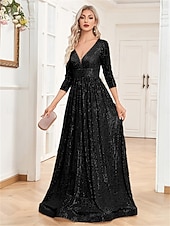 billiga Aftonklänningar-A-linjade Quinceanera Klänningar Elegant Klänning Bröllop Bröllop Gäst Golvlång 3/4 Lång Ärm V-hals Bomull med Strass