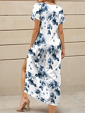 levne Květinové šaty-Dámské maxi šaty A řada šaty letní šaty elegantní dovolená casual volný střih denní regular fit květinové grafické krátký rukáv V výstřih modré jaro podzim