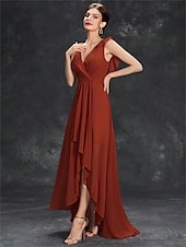 preiswerte Bodenlänge-Kleid Brautmutterkleid Elegant Party V Ausschnitt Bodenlang Chiffon Ärmellos mit Falten 2025