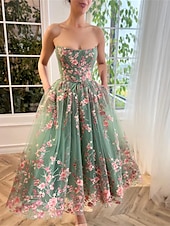 economico Abiti Lunghi / Gonne-Abiti da cocktail a linea ad A abito elegante invitata matrimonio feste in satin a maniche lunghe con scollo a V e appliqué in pizzo floreale