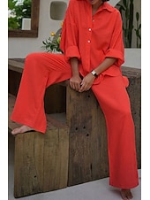 cheap Essential Faux Co-ord Sets-Women's Shirt Two Piece Sets Pants Sets Long Sleeve Shirt Collar Solid Color Dubbele Rij Knopen Fashion Basic Vacation Casual Daily White Red Dark Navy Summer Regular Fit