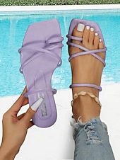 cheap Vacation Sandals-Women&#039;s Lavender Strappy Sandals – Trendy Square Toe Flat Sandals for Summer, Beach, and Casual Outings