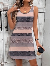 preiswerte Streifen- und geometrische Kleider-Damen Minikleid A Linie Kleid Sommerkleid Schulterfreies Kleid Urlaub Lässig Täglich Lässiger Schnitt Grafik Geometrisch Gestreift Ärmellos U-Ausschnitt Rosa Sommer
