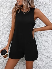 preiswerte Rompers-Frauen Jumpsuit Aktiv Einfarbig Ärmellos Rundhals Tasche Urlaub Straße Schlank Schwarz Weiß Fuchsia Sommer