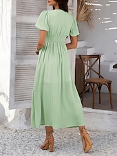 preiswerte Einfaches Kleid-Damen Maxi Kleid A-Linie Kleid Einfarbig Fit And Flare Kleid Puffärmelkleid Lässig Urlaub Täglich Reguläre Passform Grafik Kurzarm V-Ausschnitt Schwarz Gelb Pink Himmel Blau Sommer