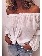 voordelige Overhemden-Dames Overhemd Linnen overhemd Katoenen linnen overhemden Effen Dagelijks Stijlvol Basic Lange mouw Schouderafhangend Normale tops Dagelijks Uitgaan Met ruches Zwart Wit blauw Lente