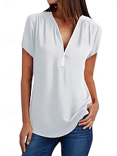 cheap Plain tee-Women&#039;s T Shirt Solid Color Plain Fashion Modern Casual Short Sleeve V Neck Regular Tops Daily Weekend Zipper Black White Pink Wine Royal Blue Summer