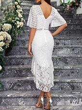 cheap Under $129.99-Dress Mother of the Bride Dress Elegant Party Simple Crew Neck Asymmetrical Spandex Short Sleeve with Lace
