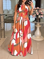 abordables Robes fleuries décontractées-Femmes Robe Longue Maxi Robe Robe évasée Robe à col licou Robe Imprimée Élégant Sortir Robe d&#039;Été Coupe régulière Fleuri Géométrique Sans manches Col Halter Blanche Orange Vert Beige Été