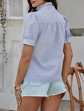 voordelige Dames eenvoudige tops-Dames Overhemd Gestreept Stijlvol Casual Korte mouw Overhemdkraag Normale tops Dagelijks Ruche Knop Afdrukken Wit Blozend Roze blauw Groen Zomer