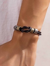 baratos Jóias Masculinas-conjunto de colar e pulseira de couro masculino – design de nó vintage com detalhes em metal, joias artesanais ajustáveis para estilo casual, motociclista e boho, perfeitas para uso diário e presentes