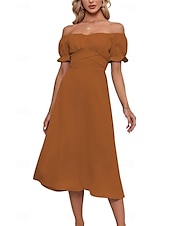 abordables Robes de vacances-Femmes Robe Midi Robe en coton et lin Mode Basique Moderne Quotidien Fête Sortir Coupe régulière Uni Manche Courte Épaules Dénudées Vert Claire Bleu Roi Violet Marron Été