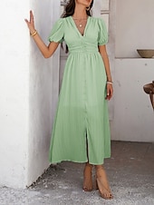 preiswerte Einfaches Kleid-Damen Maxi Kleid A-Linie Kleid Einfarbig Fit And Flare Kleid Puffärmelkleid Lässig Urlaub Täglich Reguläre Passform Grafik Kurzarm V-Ausschnitt Schwarz Gelb Pink Himmel Blau Sommer