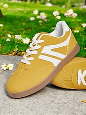 abordables Baskets femme-Baskets basses rétro jaunes pour femmes - Chaussures décontractées à lacets vintage, confortables au quotidien pour un style urbain et extérieur