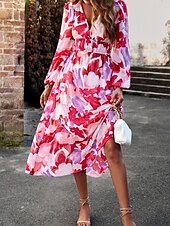 cheap Floral Dress-Women&#039;s Midi Dress A Line Dress Fit And Flare Dress Puff Sleeve Dress Vacation Casual Vacation Daily Regular Fit Graphic Long Sleeve V Neck Red Blue Green Apricot Summer