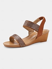 tanie Kobiety-damskie sandały na koturnie z kryształkami – brązowe, odkryte palce, elastyczne paski, wygodne buty na lato, okazje codzienne i eleganckie