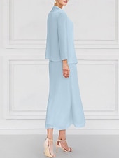 cheap With Jacket-Blue Green Floral Two Piece Dress Sets Mother of the Bride Elegant Vintage Jewel Neck Ankle Length Chiffon Long Sleeve with Lace Embroidery Flower