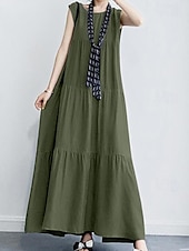 abordables Robes-Femmes Robe Longue Maxi Robe Robes inspirées du lin Robe Décontractée Mode Classique Moderne Vacances Sortir Week-end Coupe régulière Uni Sans manches Col ras du cou Noir Vert Gris Été