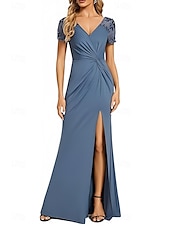 abordables Robes pour invitées de mariage-Sirène / Trompette Robes pour invités de mariage Élégant Robe robe demoiselle d honneur Longueur au sol Manche Courte Col en V Invité de mariage d&#039;automne Dentelle avec Froncé Fente 2025