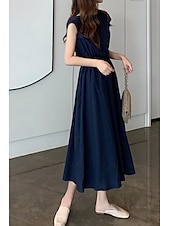 economico disegnare abiti in cotone e lino-Per donna Abito Midi Abiti in cotone e lino Moda Classico Moderno All&#039;aperto Quotidiano Ferie Vestibilità regolare Semplice Senza Maniche Girocollo Nero Verde chiaro Verde militare Blu marino Estate