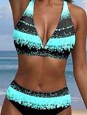 cheap Bikini Sets-Women&#039;s Swimsuits Bikini 2 Piece Cheeky Swimsuit Halter Sexy Ombre Geometric V Wire Sleeveless Bathing Suits