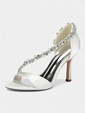 abordables Sandales de Robe-Escarpins à talons hauts en satin champagne pour femmes avec bride en T en cristal – élégants talons aiguilles à bout ouvert pour cocktails et événements formels