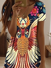 preiswerte Boho Kleider-Damen Mini Kleid A Linie Kleid T-Shirt Kleid Tee Kleid Lässig Urlaub Täglich Reguläre Passform Floral Grafik Paisley Kurzarm V-Ausschnitt Marineblau Sommer Frühling