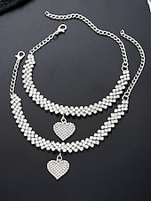 abordables Bracelet pour femme-Ensemble de bracelets et de chevilles en strass pour femme avec breloque cœur – bijoux scintillants pour mariages, fêtes et occasions spéciales