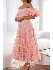 cheap Vacation Dresses-Women&#039;s Midi Dress Graduation Dress Fashion Modern Lantern Sleeve Vacation Graduation Weekend Regular Fit Plain Short Sleeve Off Shoulder Black White Yellow Pink Summer