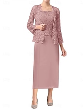 economico Sotto 129,99 $-Set di Abiti Madre della Sposa Abito da Ospite Matrimonio Elegante Semplice Collo Ampio Lunghezza Totale Poliestere Manica Lunga con Colore Solido