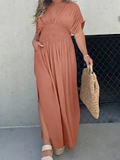 preiswerte Blumenkleider-Damen Langes Kleid Maxikleid Weißes Kleid Freizeitkleid Schwingkleid Sommerkleid Mode Modern Täglich Ferien Strand Normale Passform Einfach Kurzarm V Ausschnitt Burgunderrot Marineblau Braun Aprikose