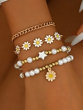 cheap Women&#039;s Bracelet-&quot;Boho Daisy Pearl Bracelet Set for Women – Gold Chain &amp; Beaded Layered Bracelets, Cute Floral Jewelry for Summer, Beach, Festivals and Casual Wear&quot;