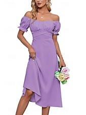 abordables Robes de vacances-Femmes Robe Midi Robe en coton et lin Mode Basique Moderne Quotidien Fête Sortir Coupe régulière Uni Manche Courte Épaules Dénudées Vert Claire Bleu Roi Violet Marron Été