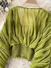 billiga Dressiga toppar-Dam Blus Chiffong toppar Slät Stylish Långärmad Puffärm V-hals Crop Tops Helgdag Utekväll Rynkad Svart Vit Purpur Grön Vår