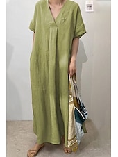 abordables concevoir des robes en coton et lin-Femmes Robe Midi Robes inspirées du lin Robe en coton et lin Mode Classique Moderne Quotidien Fête Week-end Coupe régulière Uni Manche Courte Col en V Rouge Chameau Violet Vert Été