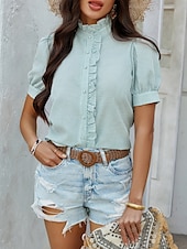 voordelige Dames eenvoudige tops-Dames Overhemd Gestreept Stijlvol Casual Korte mouw Overhemdkraag Normale tops Dagelijks Ruche Knop Afdrukken Wit Blozend Roze blauw Groen Zomer