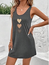 preiswerte Einfaches Kleid-Damen Mini Kleid Sommerkleid Urlaub Lässige Strand tägliche lockere Passform Herz Grafik ärmellos U-Ausschnitt Schwarz Sommer