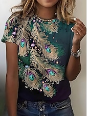 cheap Animals tee-Women&#039;s T Shirt Ombre Graphic Feather Casual Short Sleeve Round Neck Regular Tops Daily Going out Weekend Print Grass Green Sage Green White Yellow Dark Green Summer
