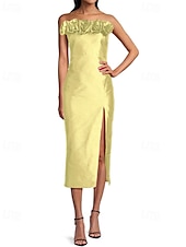 preiswerte Cocktailkleider-Säulen Cocktailkleider Elegantes Kleid Formelles Hochzeitskleid Tee Länge Ärmellos Off-Shoulder Rosa Kleid Satin mit Blume
