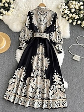 abordables Robes Bohémiennes-Femmes Robe Midi Robe bohème Mode Fête Sortir Week-end Coupe régulière Fleur manche longue Col de chemise Noir Bleu Abricot Été